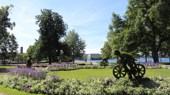 Växtskulpturer föreställande cyklister som cyklar runt en park, vid Vättern, i Motala.